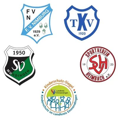 Wappen der vier Stammvereine FV Nimburg, TV Köndringen, SV Mundingen und SV Heimbach sowie das Kinderschutz-Siegel